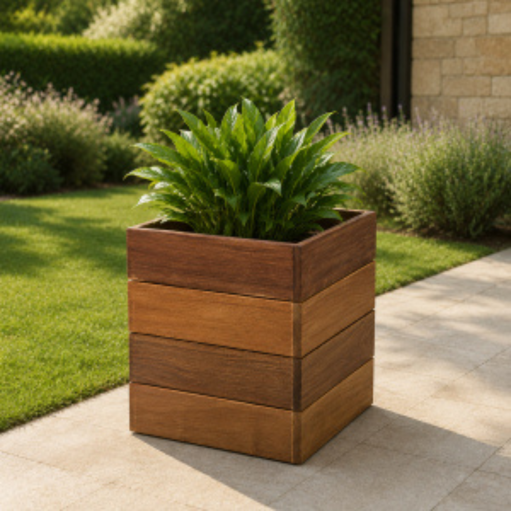 Jardinera cuadrada de madera tropical con lamas horizontales en un jardín